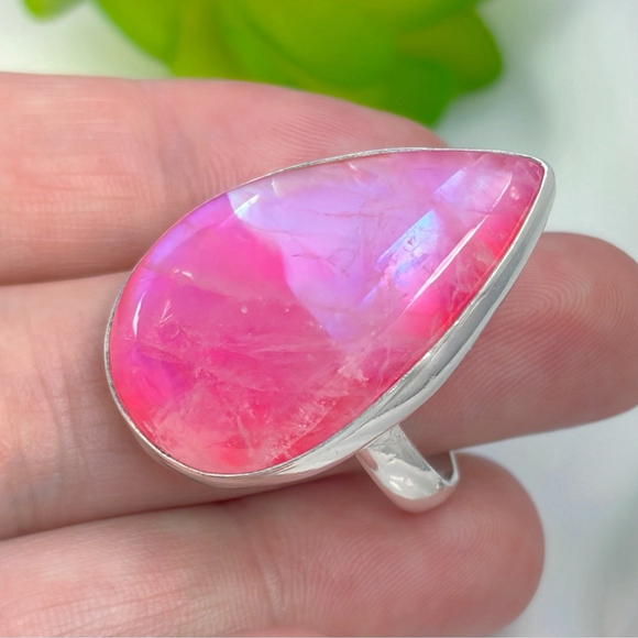 Pink Rainbow Moonstone Ring Size 9 1/4 almost 9.5 Chunky Boho Colorful New 925 - Picture 5 of 11